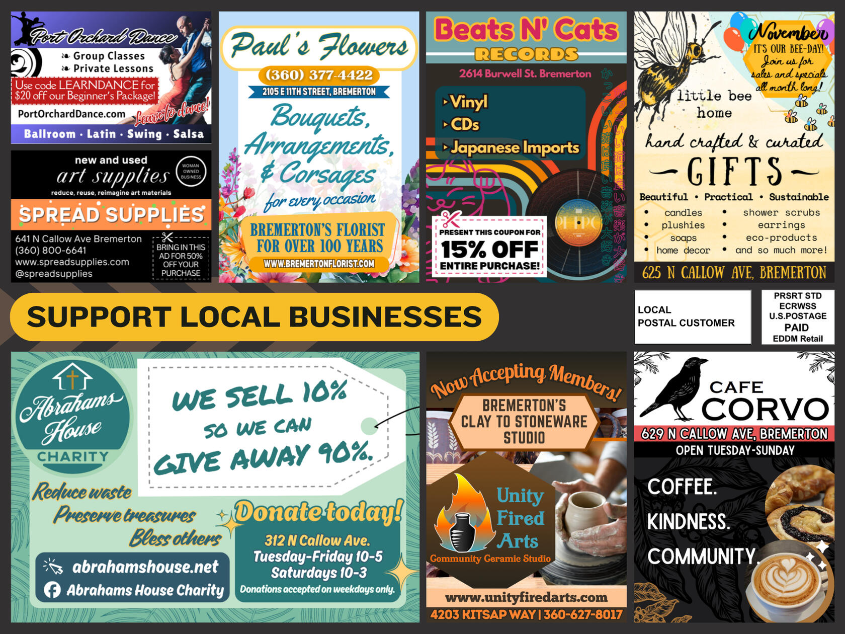 Example of a Shared Ad Mailer An image of a brightly colored 9x12 postcard featuring a variety of local business ads, including a car wash, a realtor, a nail salon, and others.