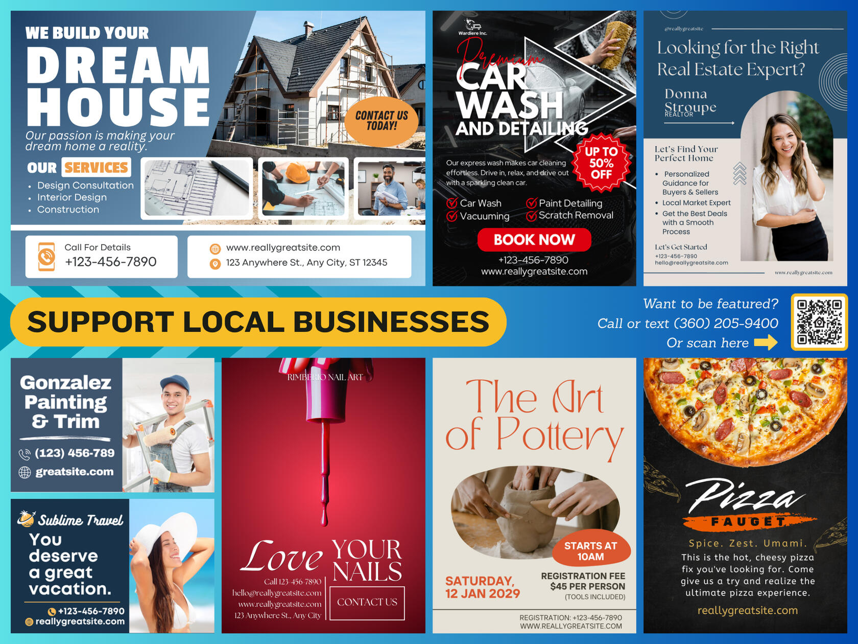 Example of a Shared Ad Mailer An image of a brightly colored 9x12 postcard featuring a variety of local business ads, including a car wash, a realtor, a nail salon, and others.